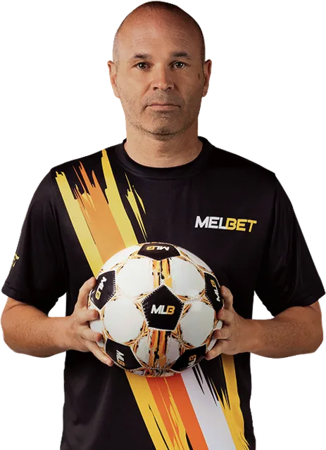 Andrés Iniesta en t-shirt noir Melbet, un ballon dans les mains
