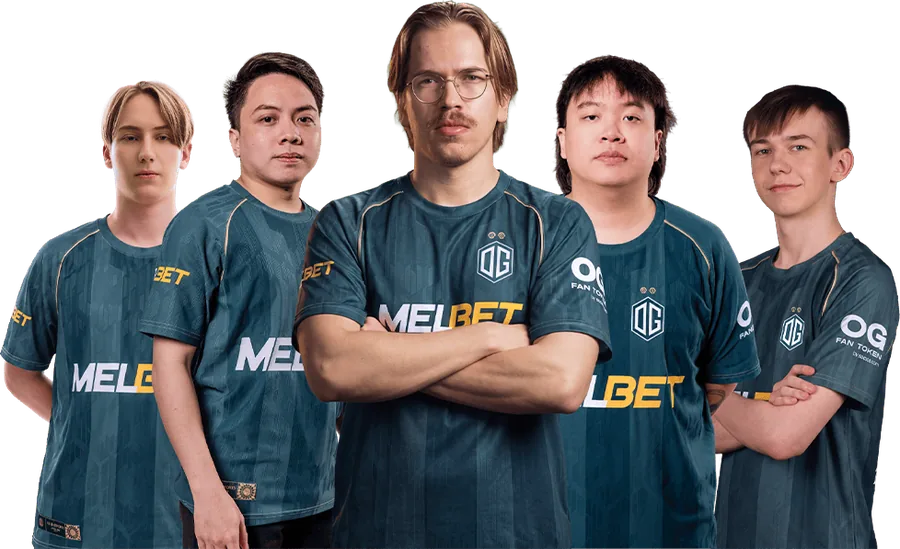 Cinq joueurs d'OG Esports en maillot vert foncé avec le logo Melbet