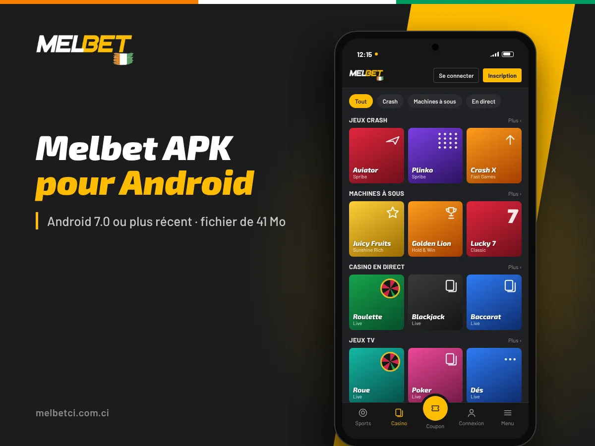 Application Melbet sur Android : lobby du casino avec Aviator, Plinko, machines à sous et casino en direct