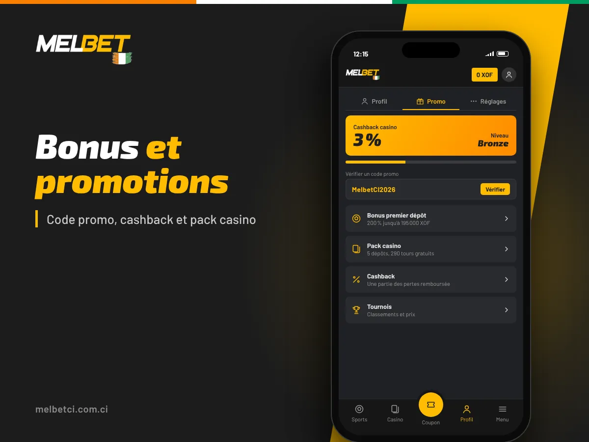 Section Promo de l'application Melbet : cashback, vérification du code promo et liste des bonus