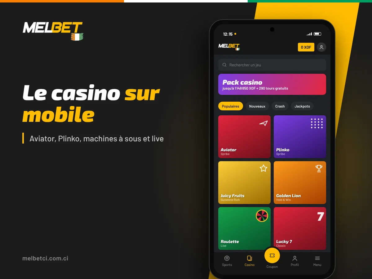 Casino de l'application Melbet : pack casino, Aviator, Plinko, machines à sous et roulette
