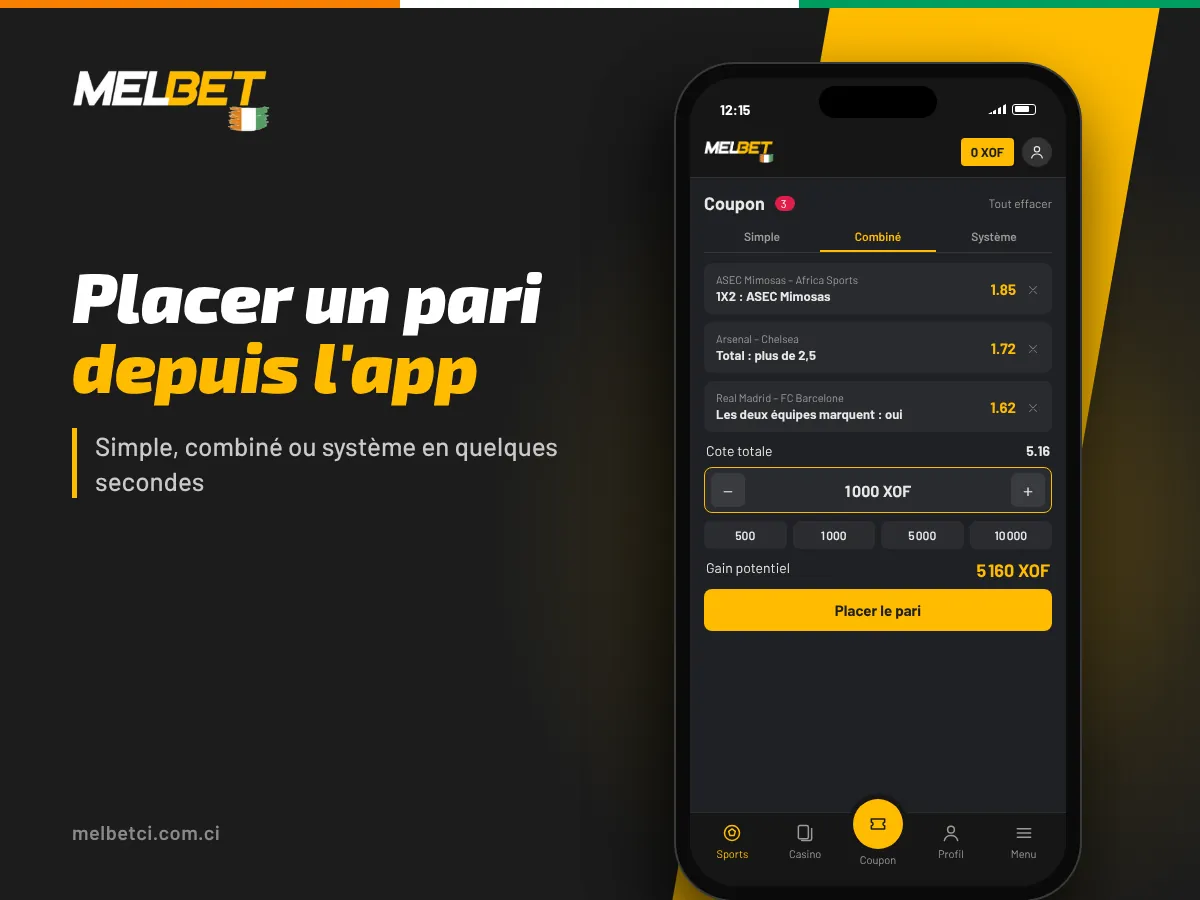 Coupon de pari combiné dans l'application Melbet : trois sélections, mise de 1 000 XOF et gain potentiel