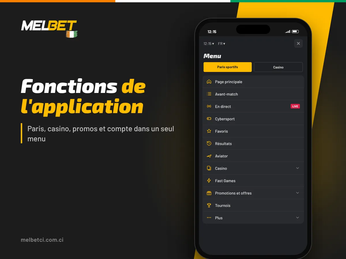 Menu de l'application Melbet : paris avant-match, en direct, cybersport, Aviator, casino et promotions