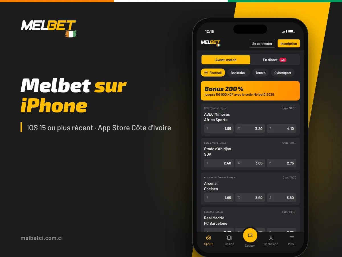 Application Melbet sur iPhone : liste des matchs de Ligue 1 ivoirienne et de football européen avec les cotes