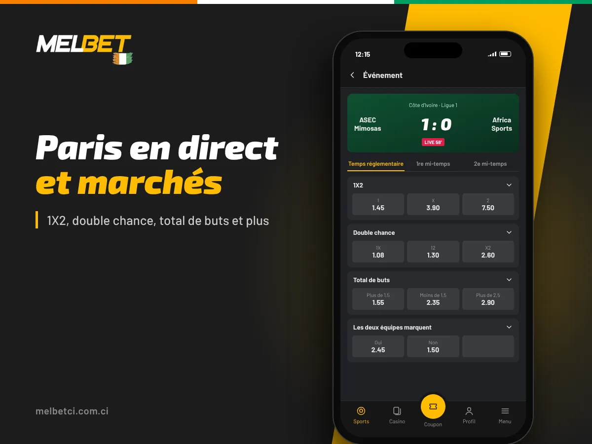 Écran d'un match en direct dans l'application Melbet avec les marchés 1X2, double chance et total de buts